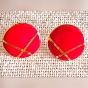 Vibrant Red Geometric Circle Ceramic Earrings Gold Trim & Cross Pattern Design